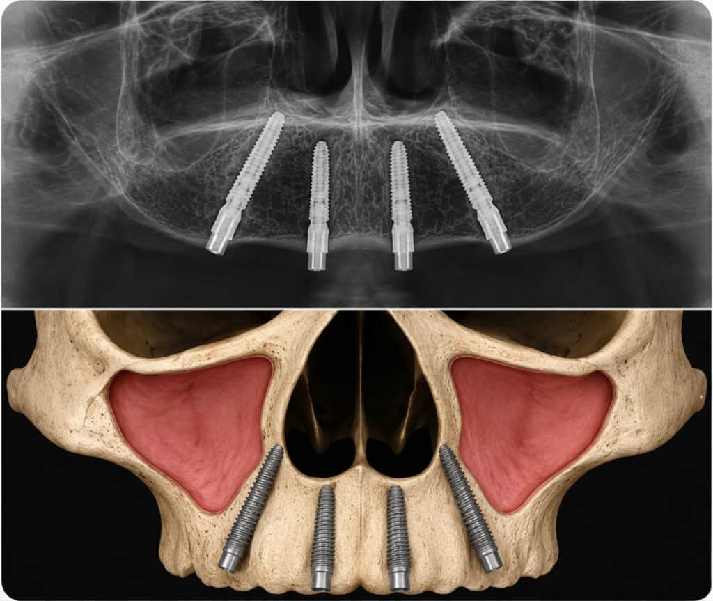 Radiografia panoramica con tre posizioni di impianti e modello 3D che mostra quattro impianti zigomatici.