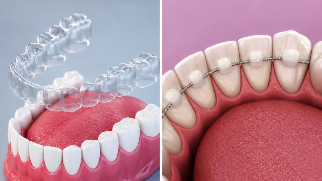Immagine divisa che mostra un allineatore ortodontico trasparente sopra i denti e un filo di ritenzione linguale fisso.