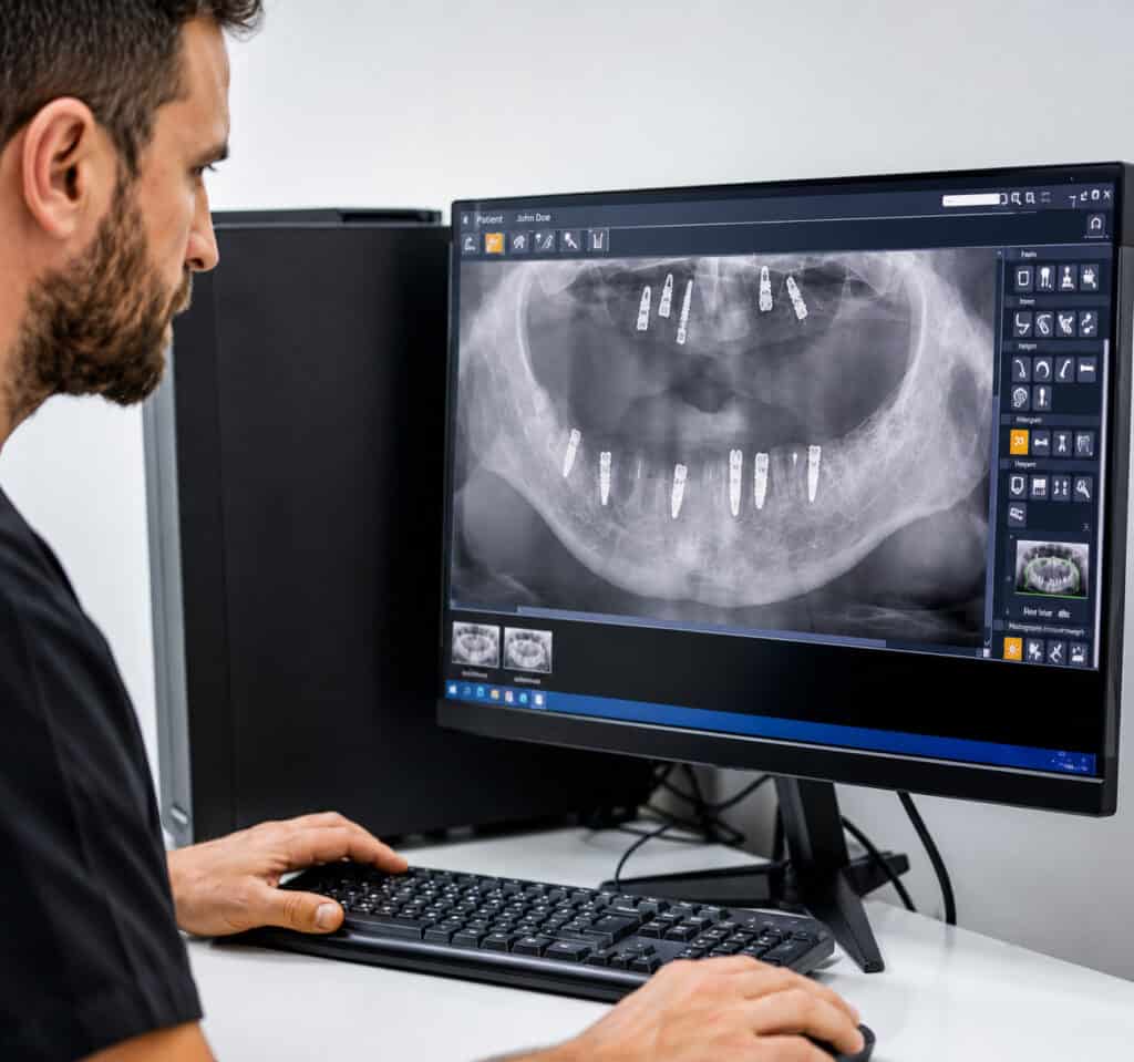 Dentisti i shpjegon pacientit radiografinë panoramike, me gishtin me dorezë që tregon implantet dentare të nofullës së poshtme.