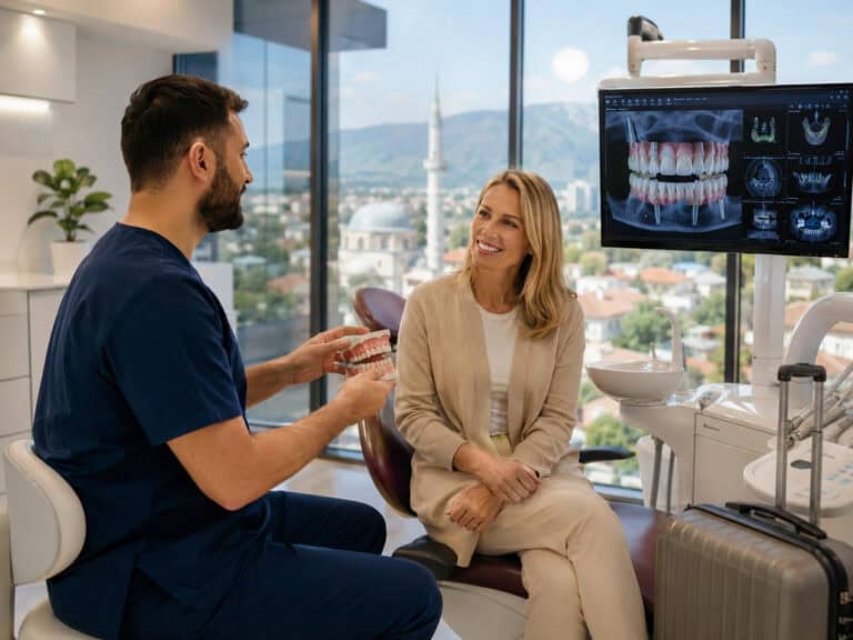 - Dentisti që shpjegon implantet dentare të harkut të plotë me model, ndërsa pacienti dëgjon pranë ekranit me radiografi.- Skanimi i implanteve All-on-4 i shfaqur ndërsa dentisti konsulton pacientin në një klinikë moderne.- Udhëtar me valixhe që merr konsultë për implante dentare me pamje nga horizonti i qytetit të Tiranës.- Pacient i buzëqeshur i ulur pranë karriges dentare ndërsa klinicisti mban modelin e dhëmbëve protetikë.- Radiografi panoramike të implanteve në monitor gjatë planifikimit të trajtimit në një sallë të ndriçuar me dritare.- Dentisti me uniformë blu të errët diskuton opsionet e implanteve, me pamje nga qyteti dhe xhamia jashtë.- Konsultë për implante fikse të harkut të plotë, me pacientin që buzëqesh ndërsa shfaqen skanimet e nofullës.- Konteksti i turizmit dentar i paraqitur nga valixhja pranë karriges gjatë konsultës për implante.