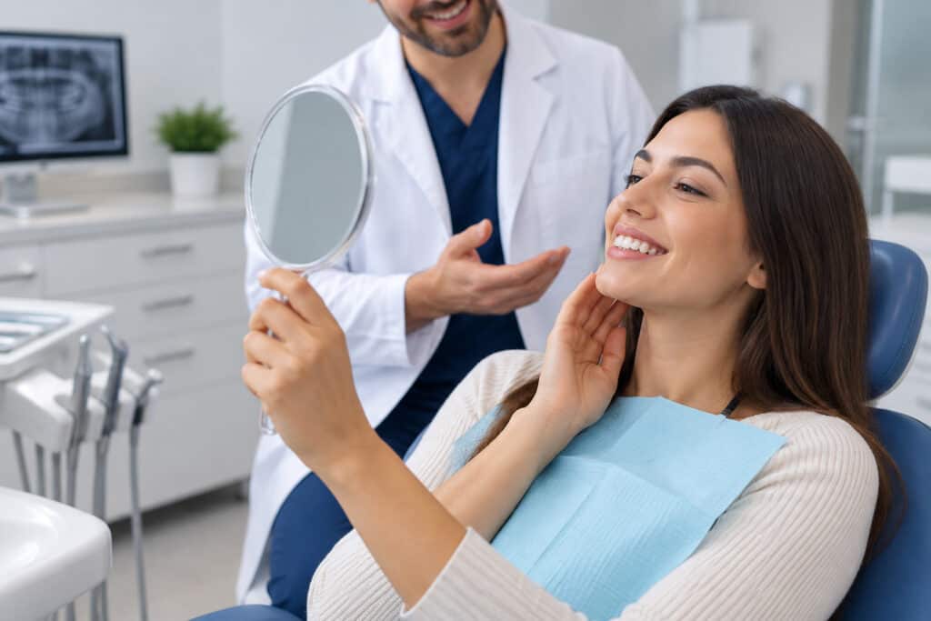 Patient admiring improved smile in mirror during cosmetic dentistry consultation with dentist.