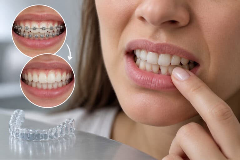 Close-up woman touching teeth, Invisalign clear aligner on table, inset braces-to-straight comparison.