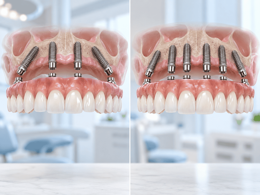3D comparison of All-on-4 versus All-on-6 upper jaw implants supporting a full-arch bridge.