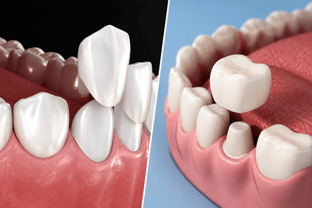 Gloved hand holds B1 porcelain veneer shade tab to smiling patient’s upper front teeth.