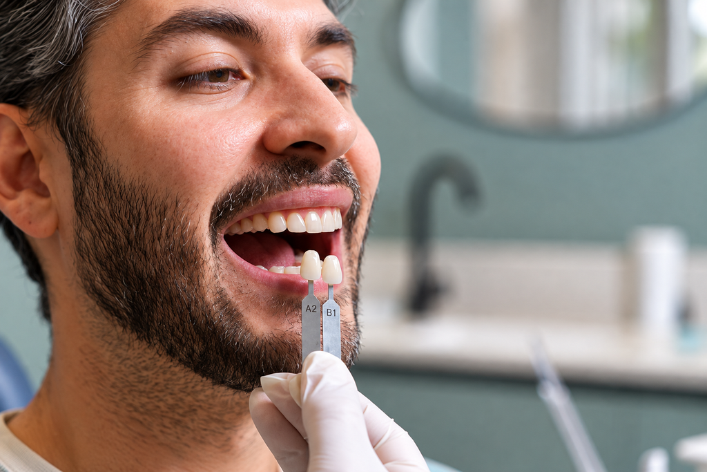 Dentist compares A2 and B1 shade tabs to patient’s teeth for veneers.