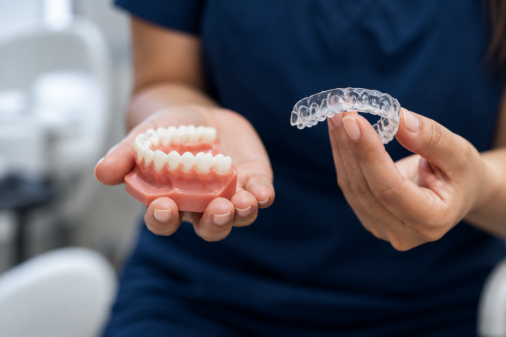 Metal orthodontic braces on upper and lower teeth, dentist’s gloved hand retracting lip.