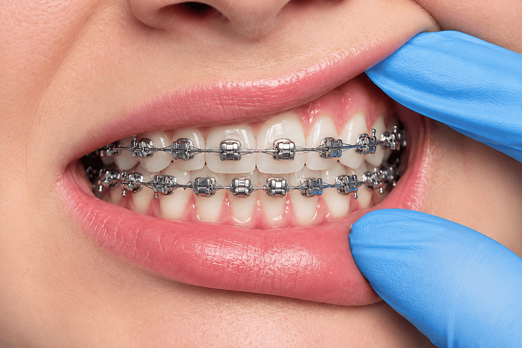 Close-up of orthodontic metal braces on teeth, dentist’s blue glove retracting lip.