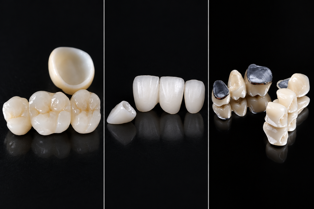 Gloved hands shading a ceramic dental crown, with bridge and denture models nearby.