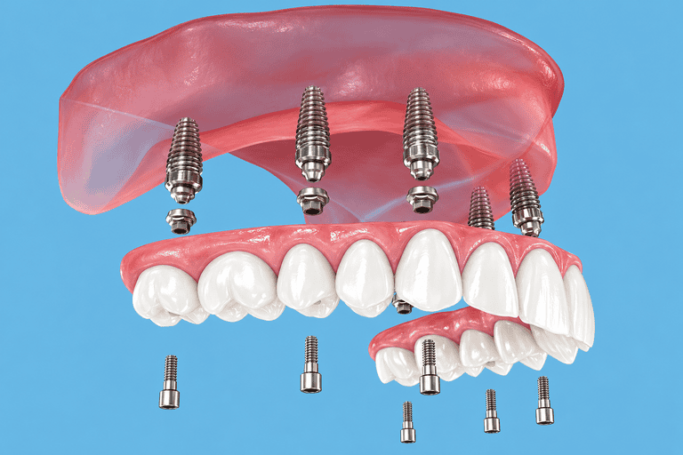 3D render showing upper and lower full-arch dental implants with screws and abutments.