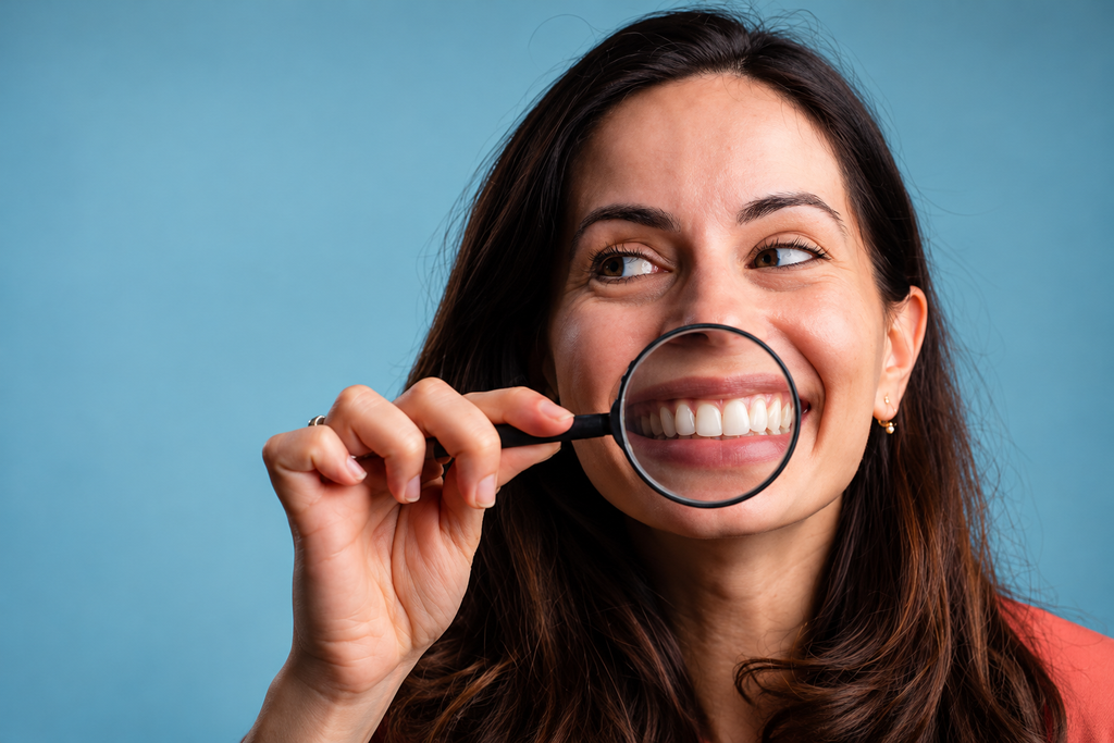 Une femme souriante tient une loupe devant ses dents pour les examiner.