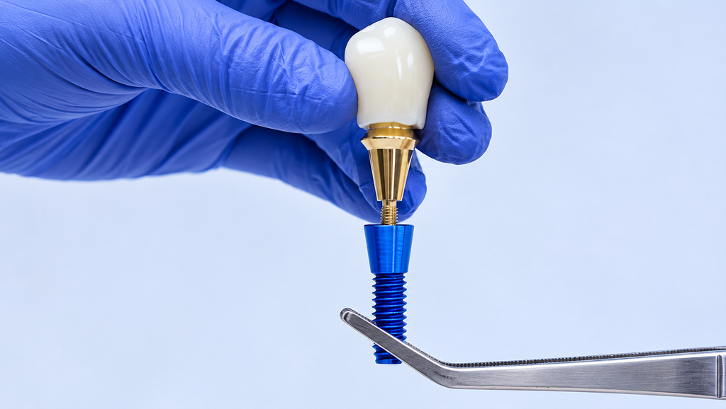 Intervention implantaire réalisée par un professionnel de santé dentaire tenant un implant.