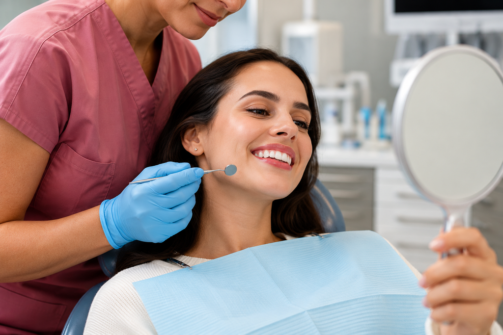 Dentiste esthétique examinant le sourire d’un patient dans une clinique dentaire.